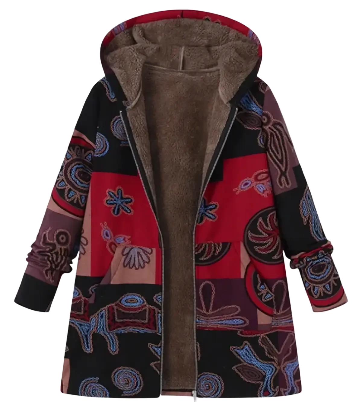 A cozy zip-up floral hooded winter parka with vibrant red black earthy patchwork and intricate blue beige tribal patterns