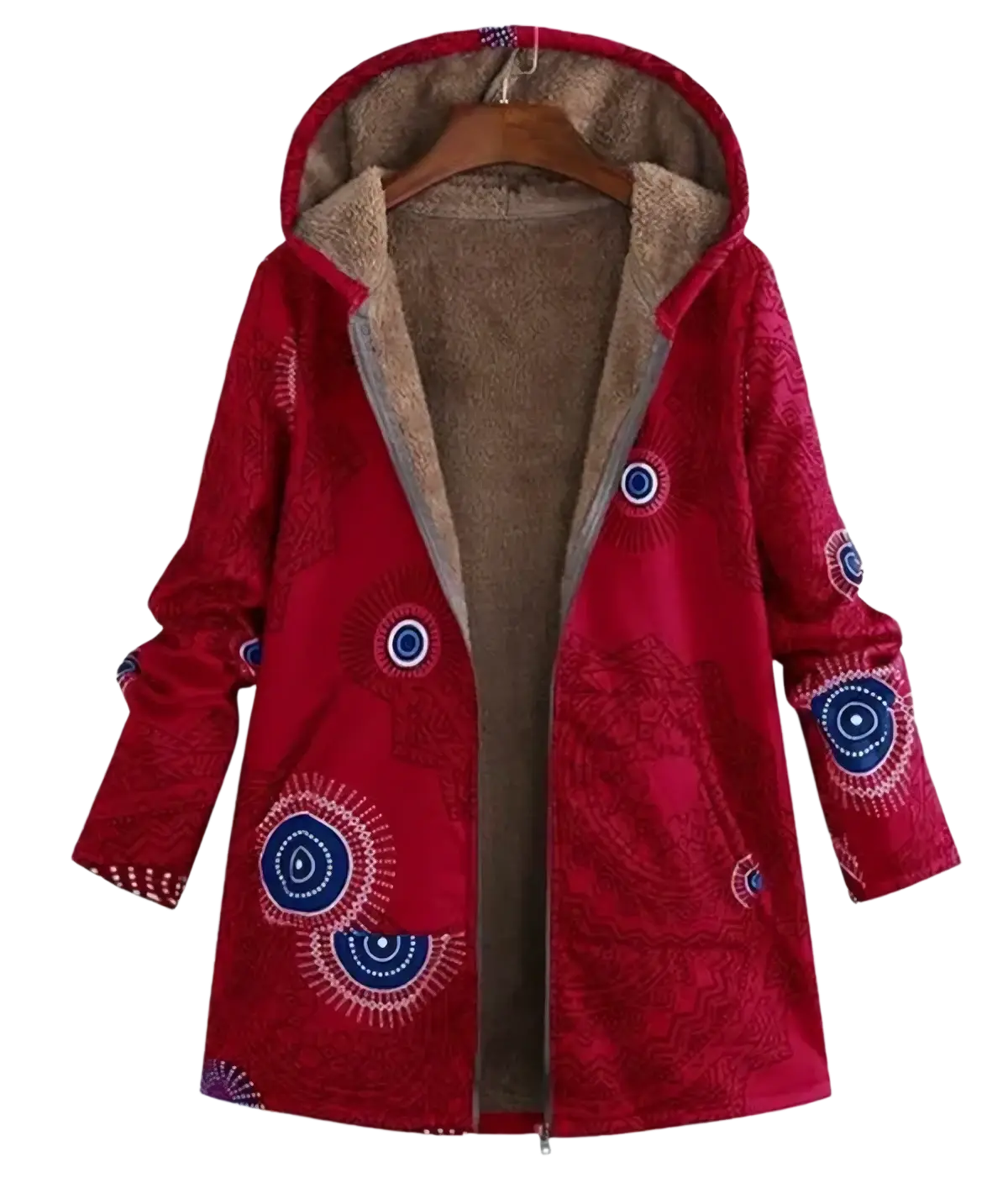 Red hooded winter parka with blue and white circular patterns and plush brown interior lining for cold weather