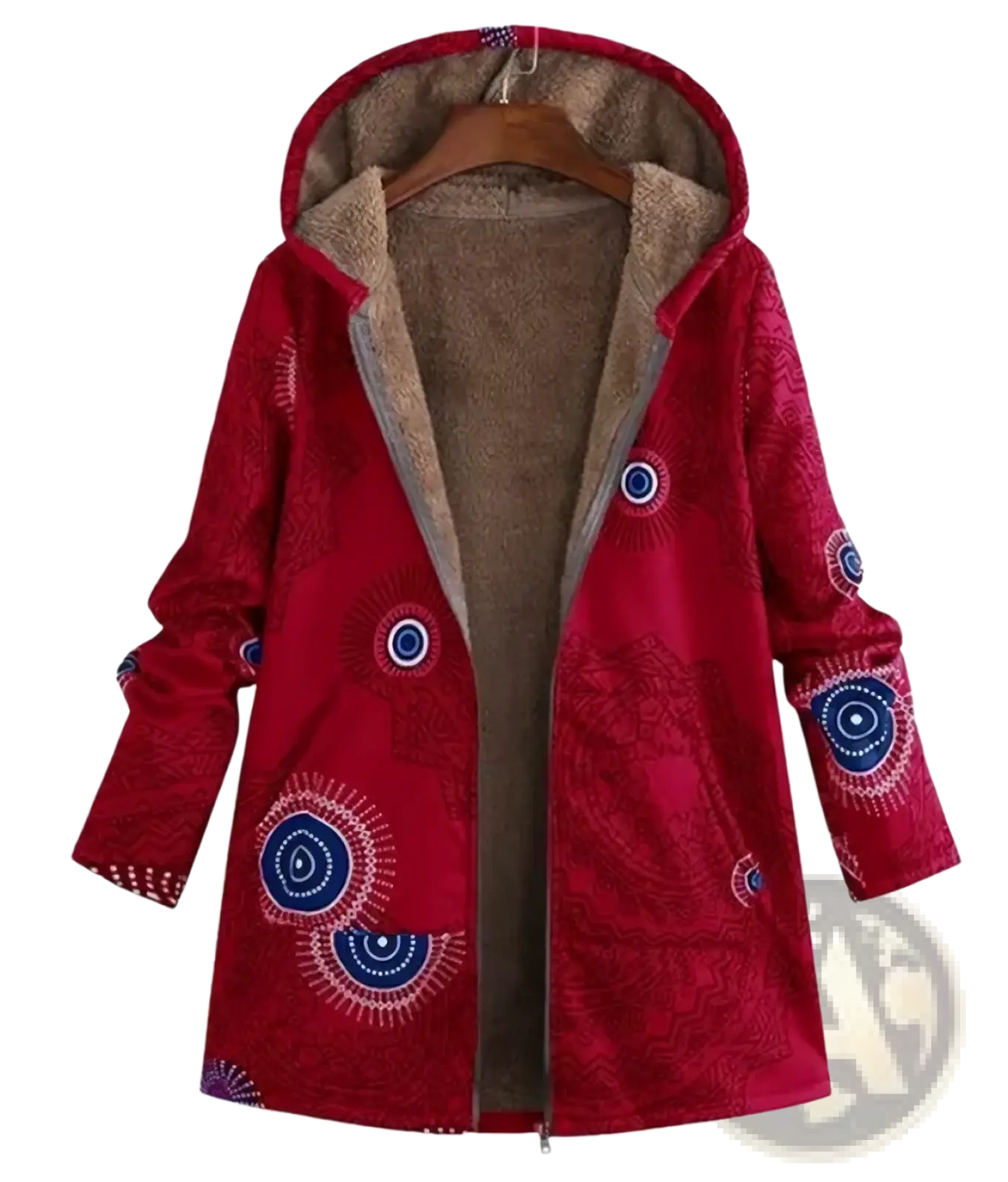 Red hooded winter parka with blue and white circular patterns and plush brown interior lining for cold weather