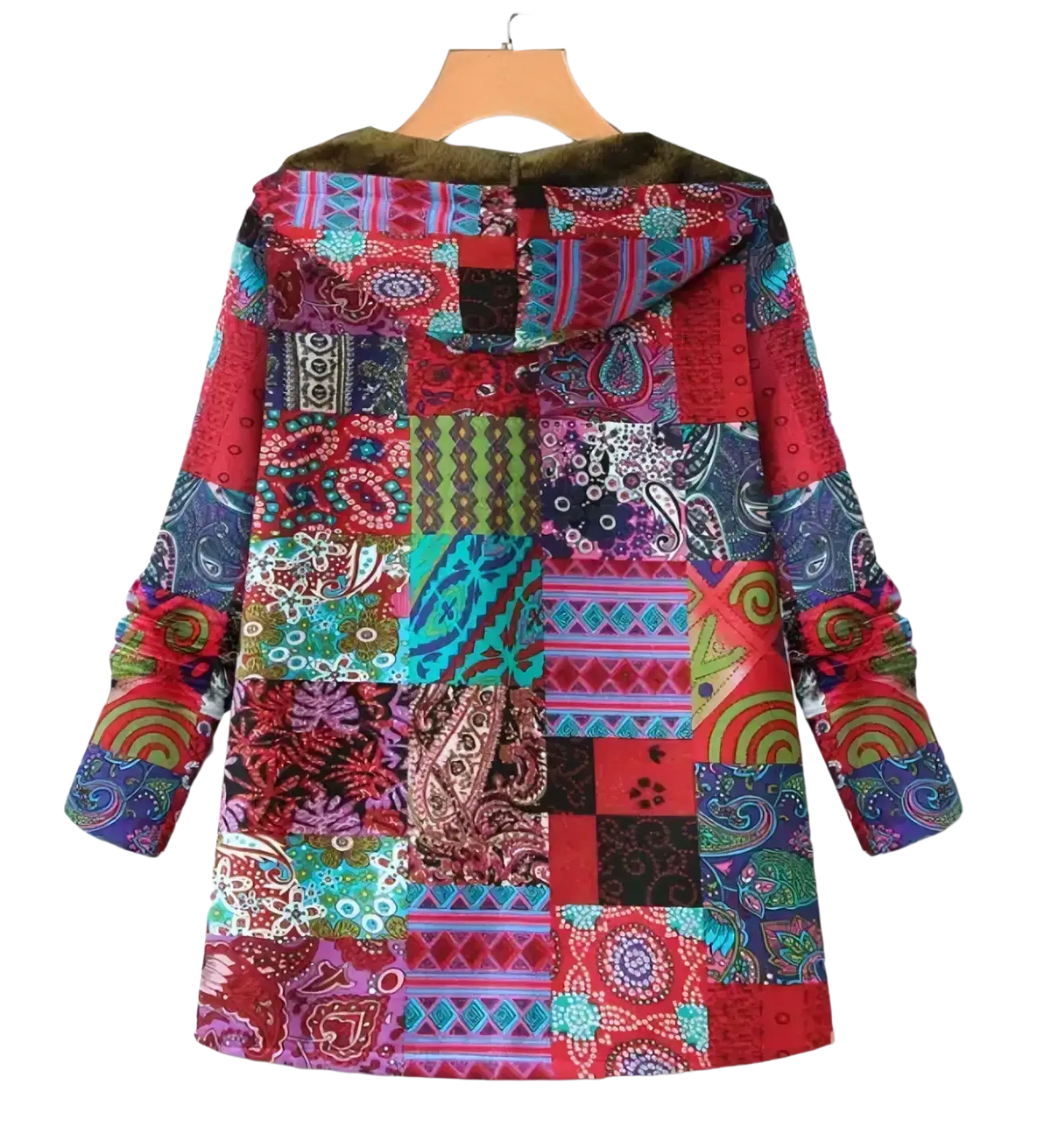 Floral hooded winter parka with vibrant patchwork of paisley geometric and floral patterns and dark green faux fur hood