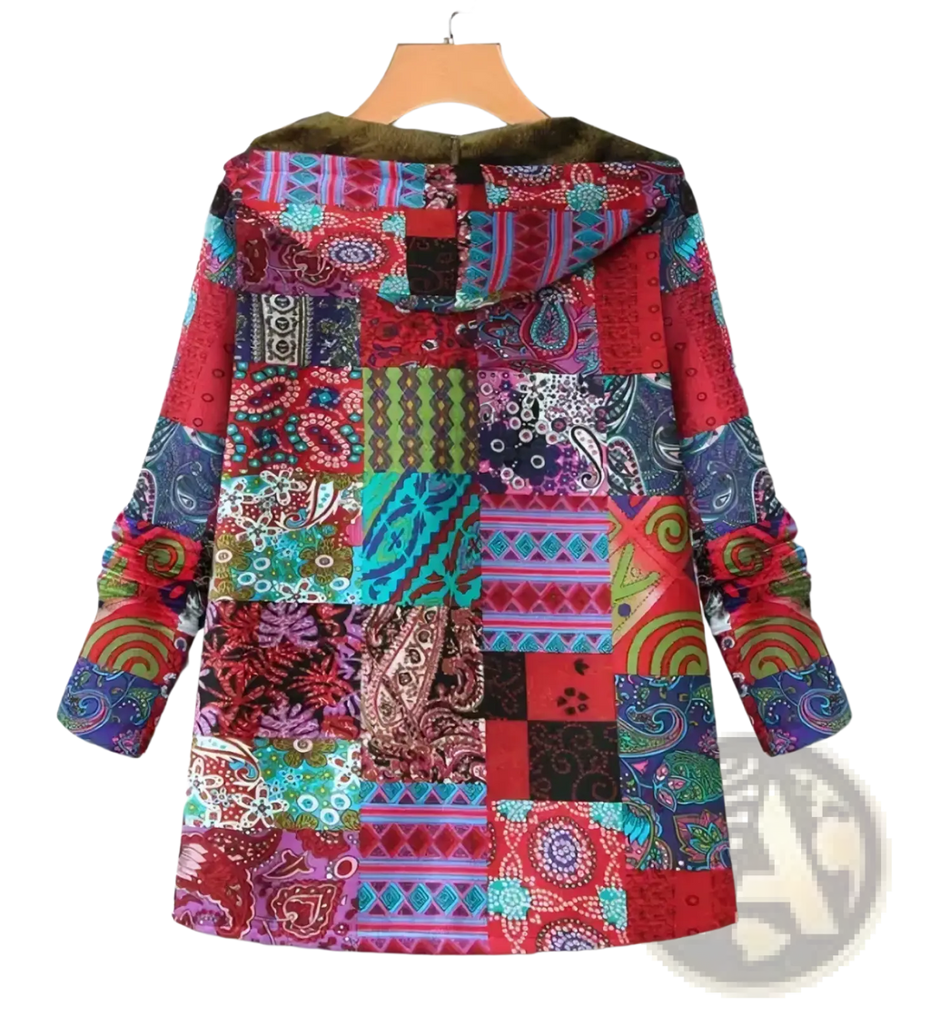 Floral hooded winter parka with vibrant patchwork of paisley geometric and floral patterns and dark green faux fur hood