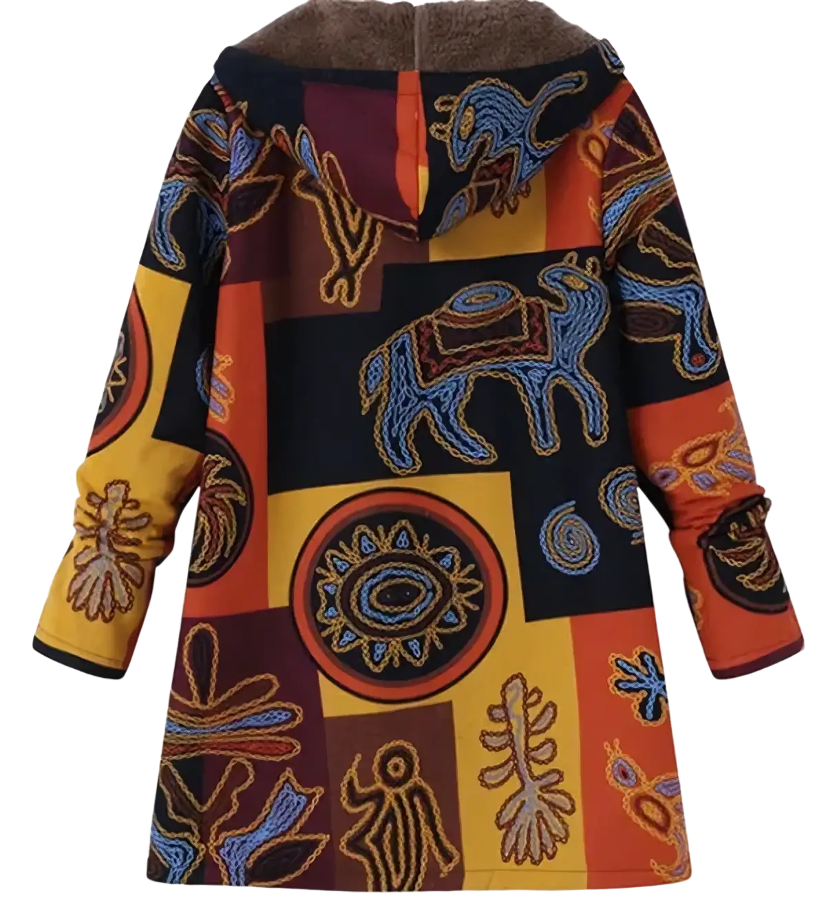 Floral hooded winter parka with vibrant patchwork blue and orange tribal designs and cozy brown fleece-lined hood