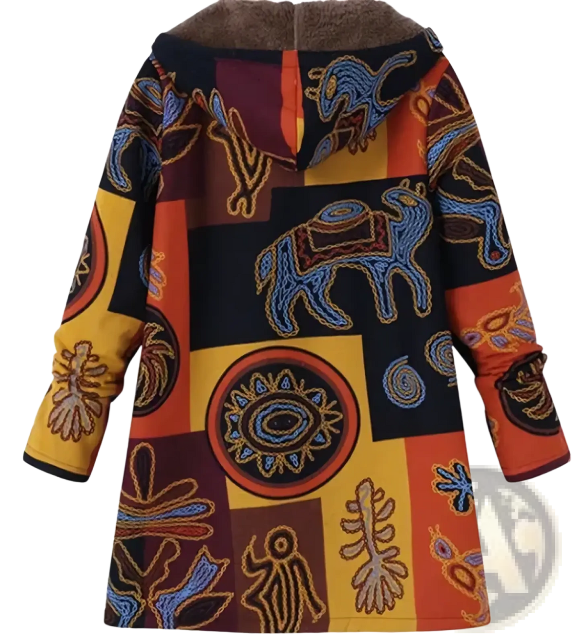 Floral hooded winter parka with vibrant patchwork blue and orange tribal designs and cozy brown fleece-lined hood