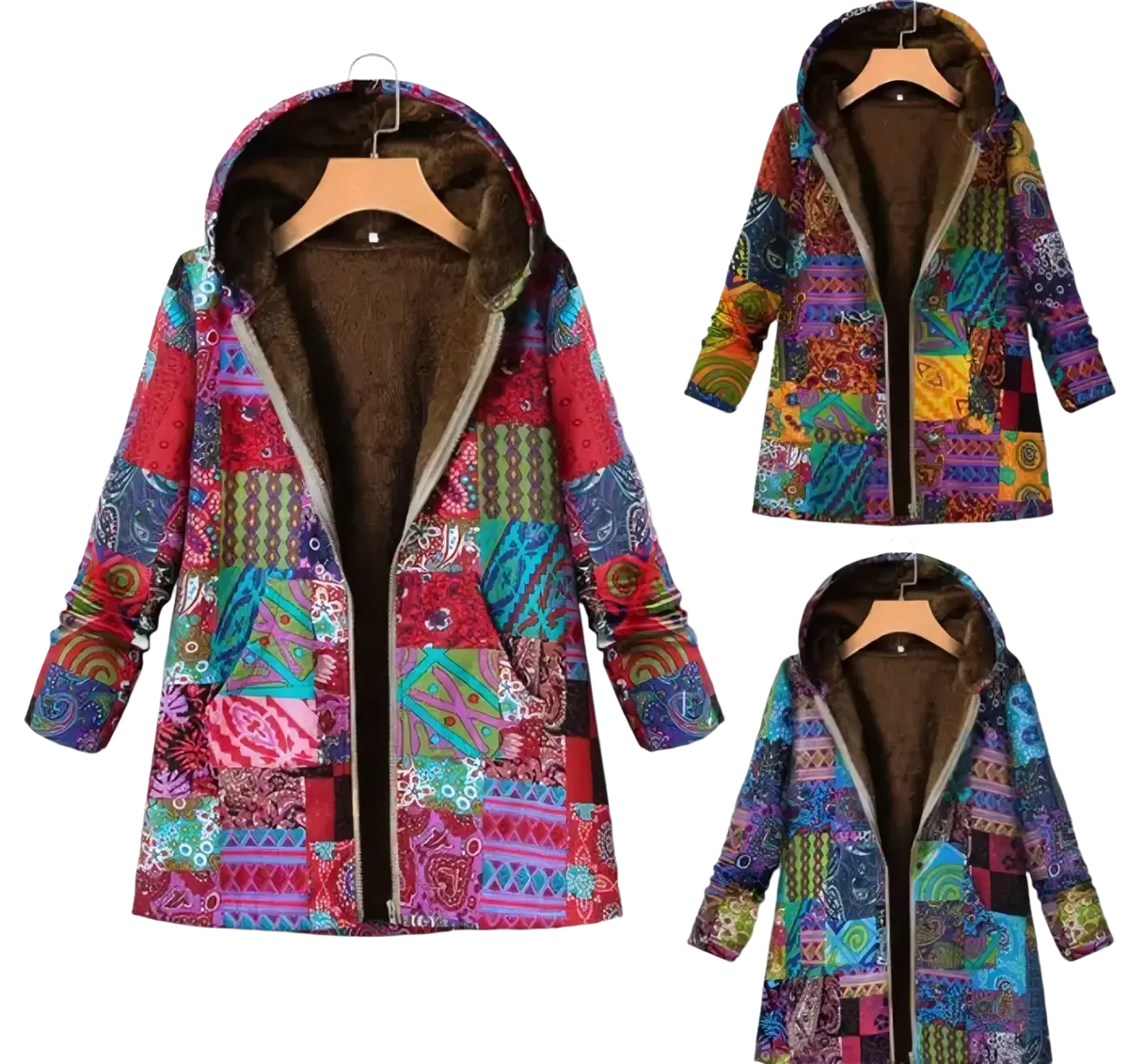 A floral hooded winter parka features vibrant paisley patterns and plush brown fleece lining in a patchwork style