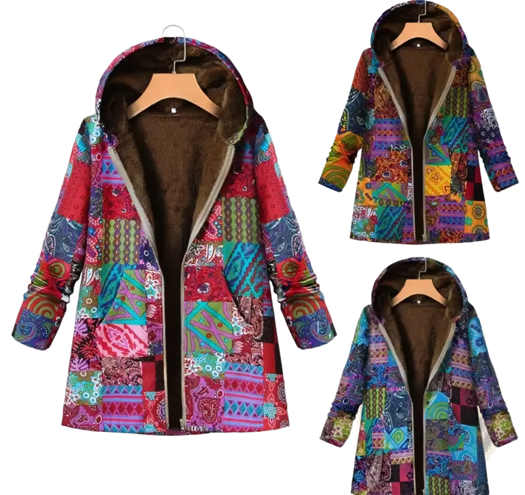 A floral hooded winter parka features vibrant paisley patterns and plush brown fleece lining in a patchwork style