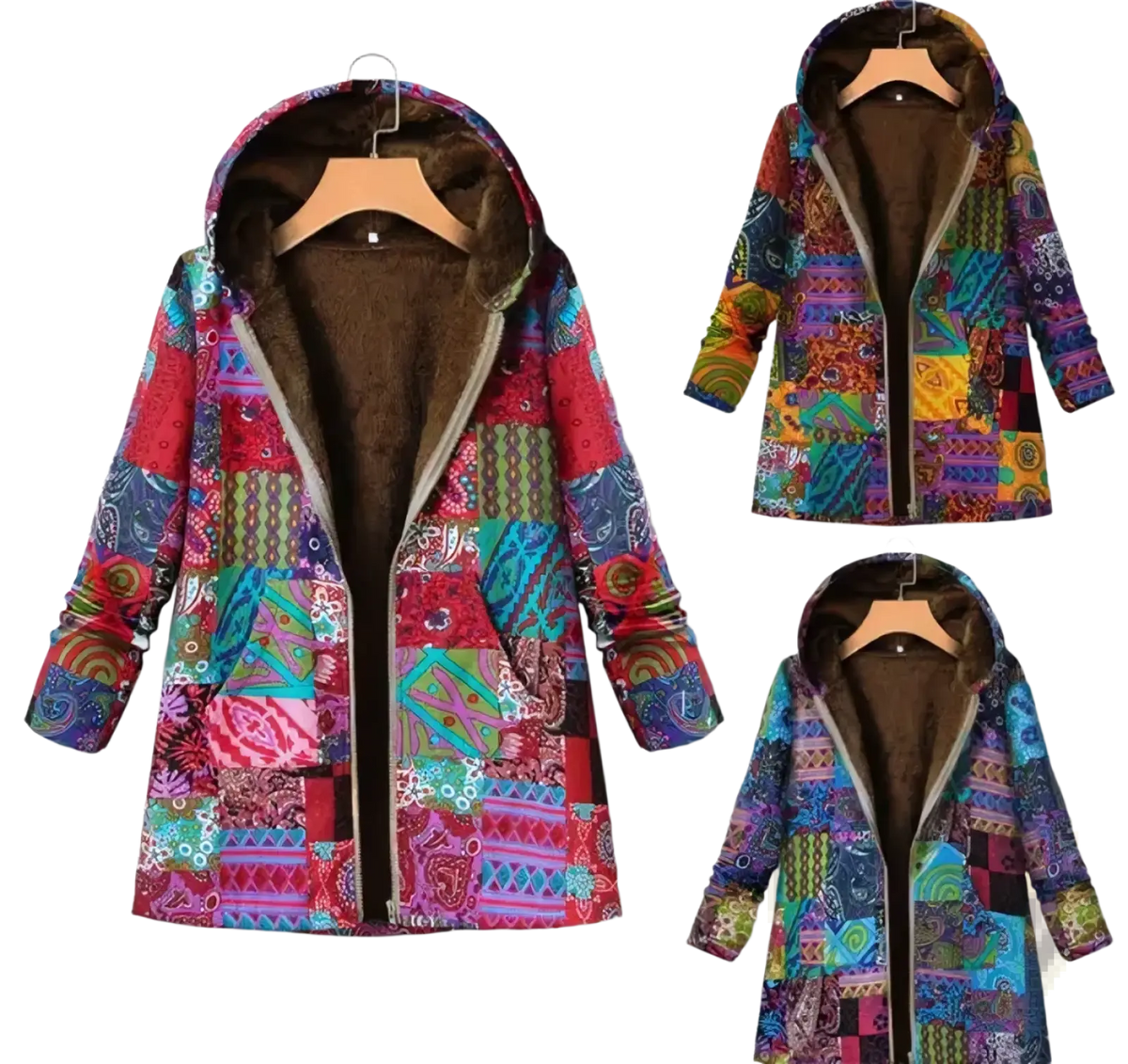 A floral hooded winter parka features vibrant paisley patterns and plush brown fleece lining in a patchwork style
