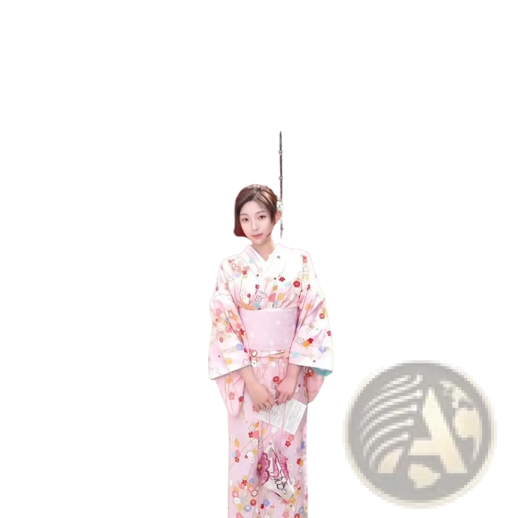 Floral kimono yukata women traditional Japanese dress in pink silk with cherry blossom and bird motifs and matching obi belt