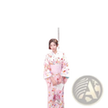 Floral kimono yukata women traditional Japanese dress in pink silk with cherry blossom and bird motifs and matching obi belt