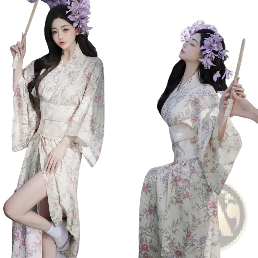 A flowing cream-colored floral kimono yukata for women with delicate pink and purple flower patterns traditional Japanese dress