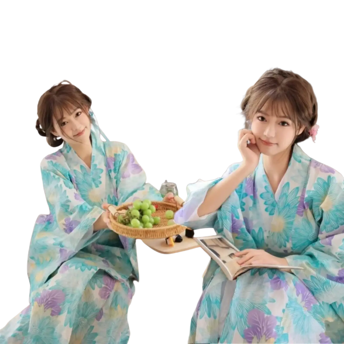 Two women wearing matching light blue and purple floral patterned yukatas traditional Japanese cotton dress