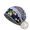 A navy blue floral knit beanie hat with intricate pink yellow and teal lace paisley trim for unisex casual autumn wear