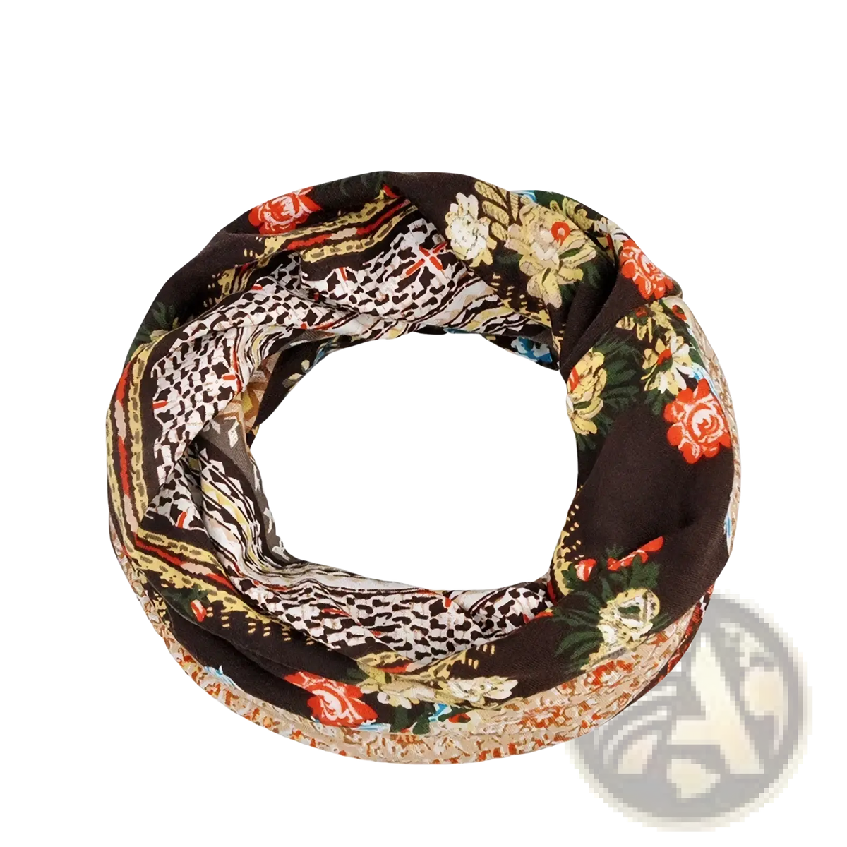 A brown infinity scarf with vibrant floral and leopard print patterns for casual autumn wear