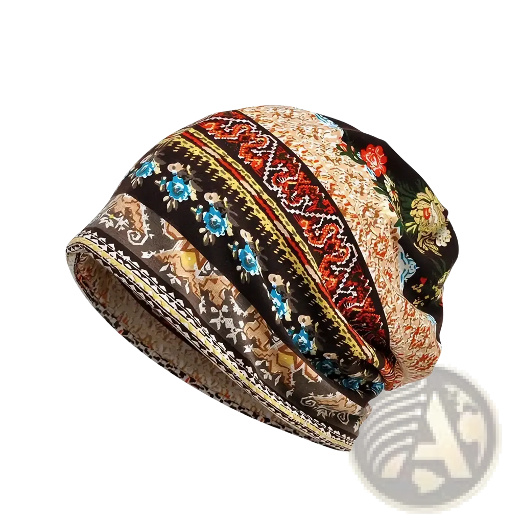 Gokk floral knit beanie hat unisex casual autumn headwear with vibrant floral and geometric motifs in earthy tones