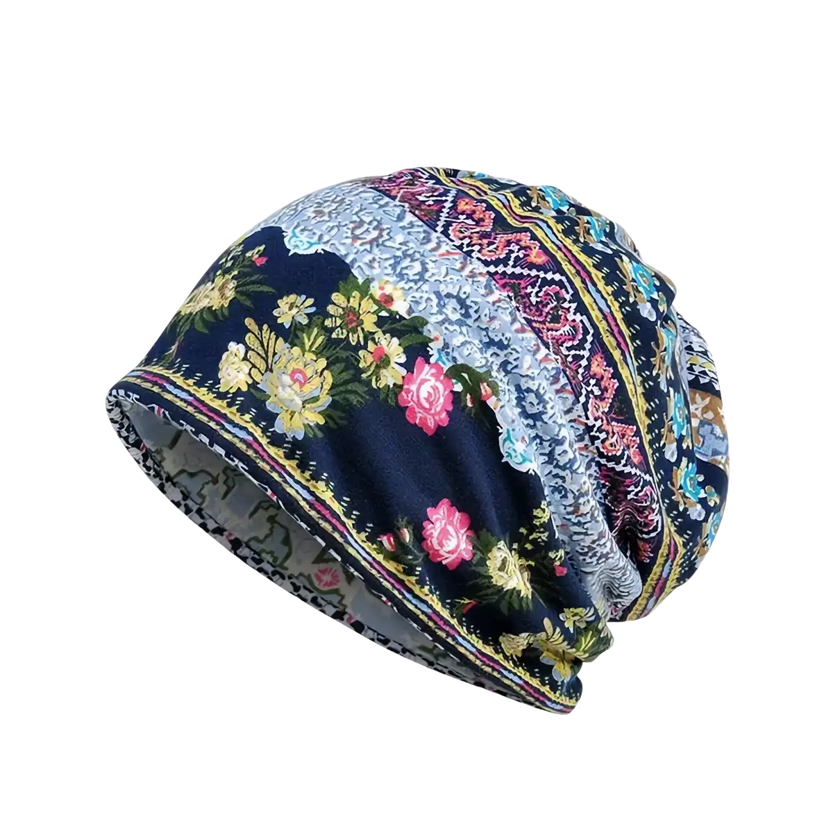 A navy blue floral knit beanie hat with intricate pink yellow and teal lace paisley trim for unisex casual autumn wear
