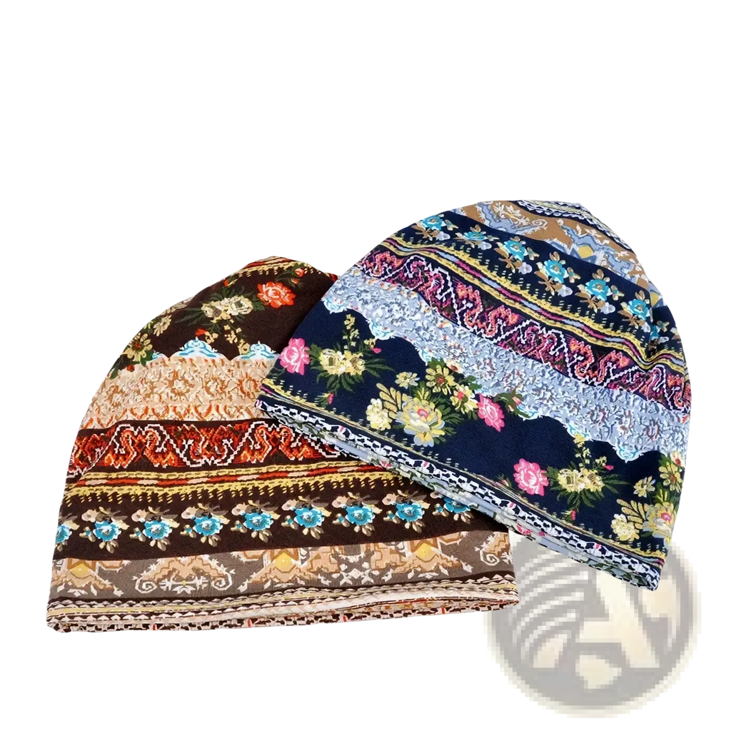 Two embroidered knit beanie hats in dark blue beige floral lace and brown orange woven design for autumn casual wear