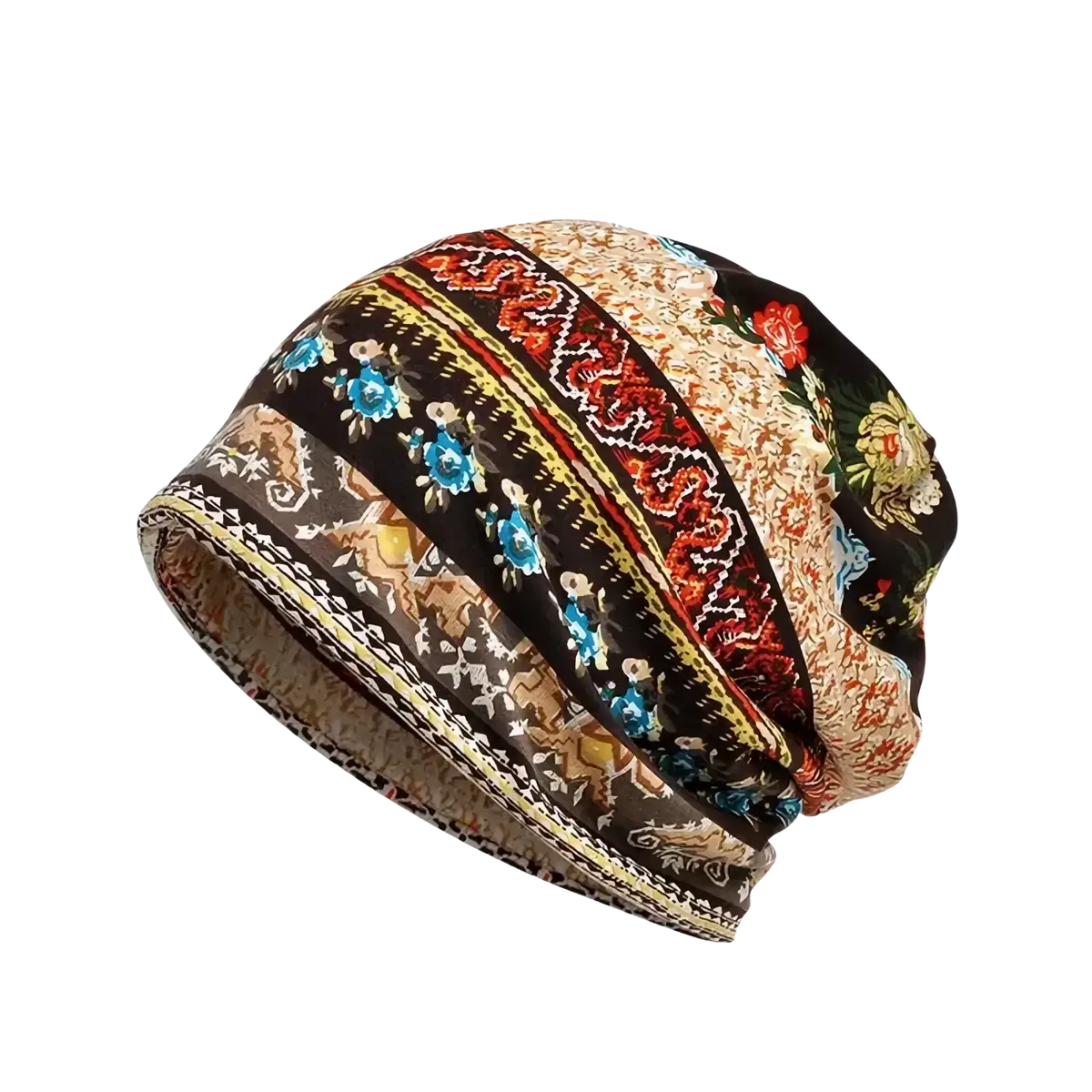 A vibrant floral knit beanie hat with bold red and blue patterns designed as casual autumn headwear