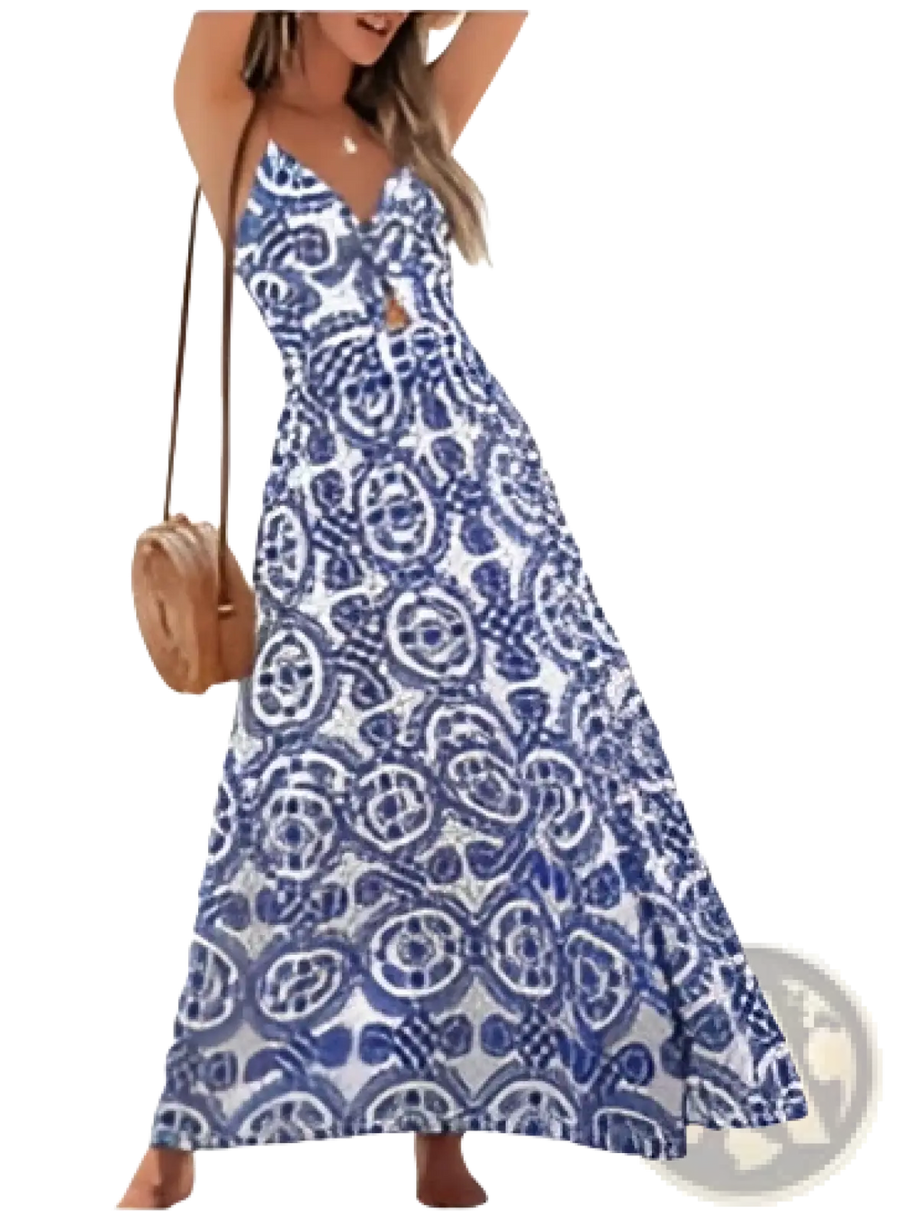 A flowing blue and white patterned maxi dress with a halter neckline and floral knotted v neck spaghetti straps