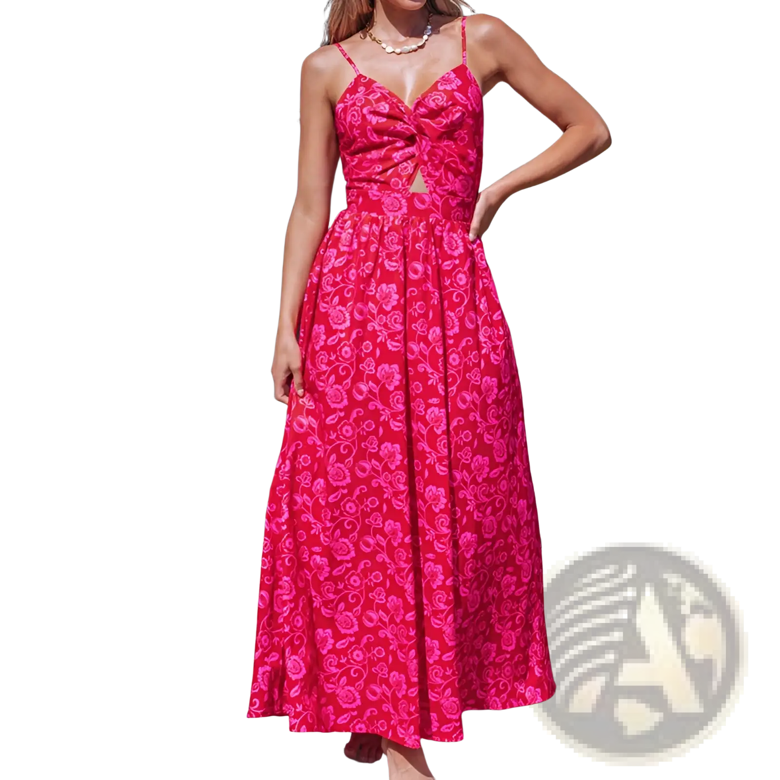 A vibrant red floral maxi dress with thin spaghetti straps and a front knot detail perfect for summer wear