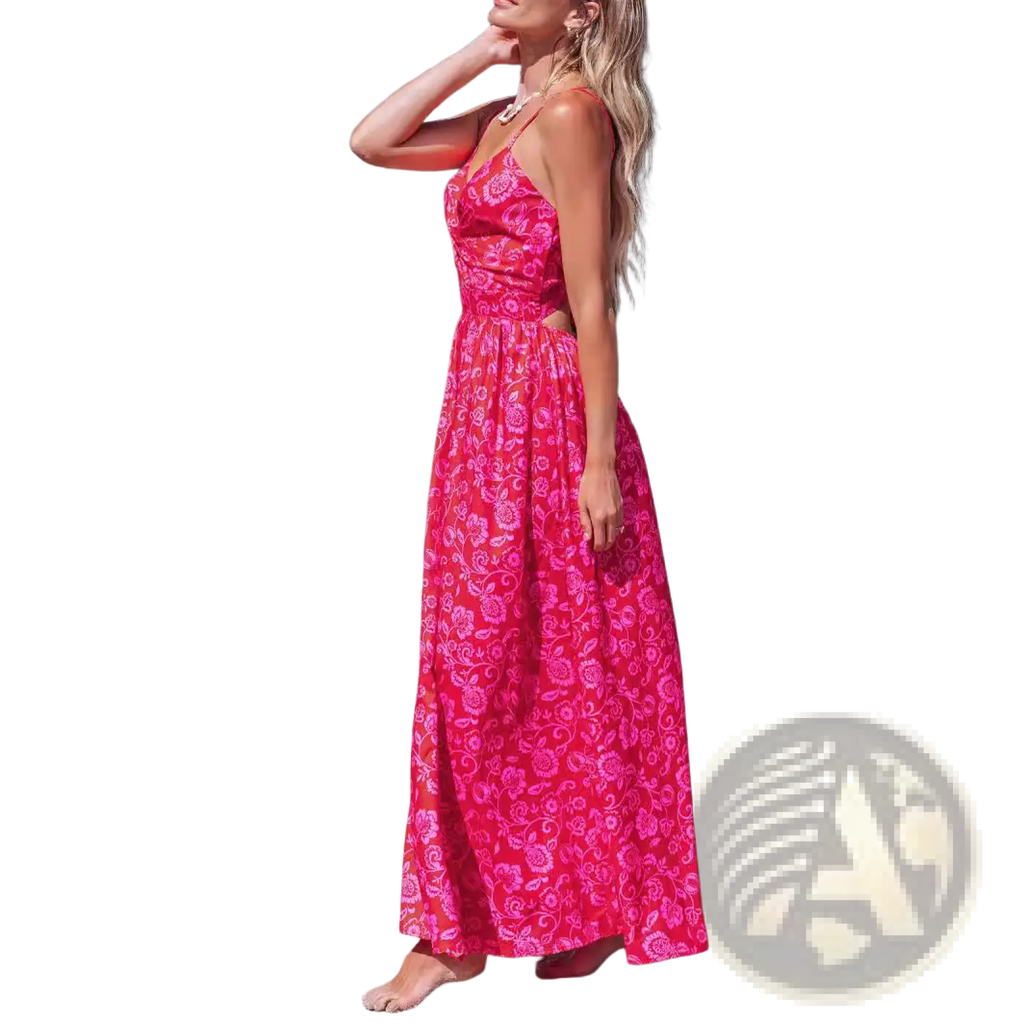 A vibrant pink floral knotted v neck spaghetti strap maxi dress with a fitted bodice and flowing skirt