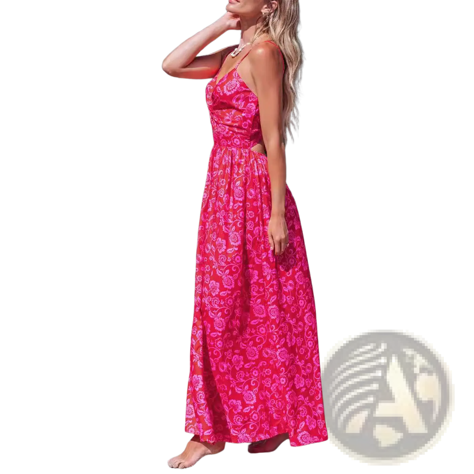 A vibrant pink floral knotted v neck spaghetti strap maxi dress with a fitted bodice and flowing skirt