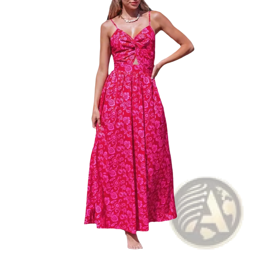 A vibrant fuchsia floral knotted v neck maxi dress with thin spaghetti straps and lightweight fabric for summer wear