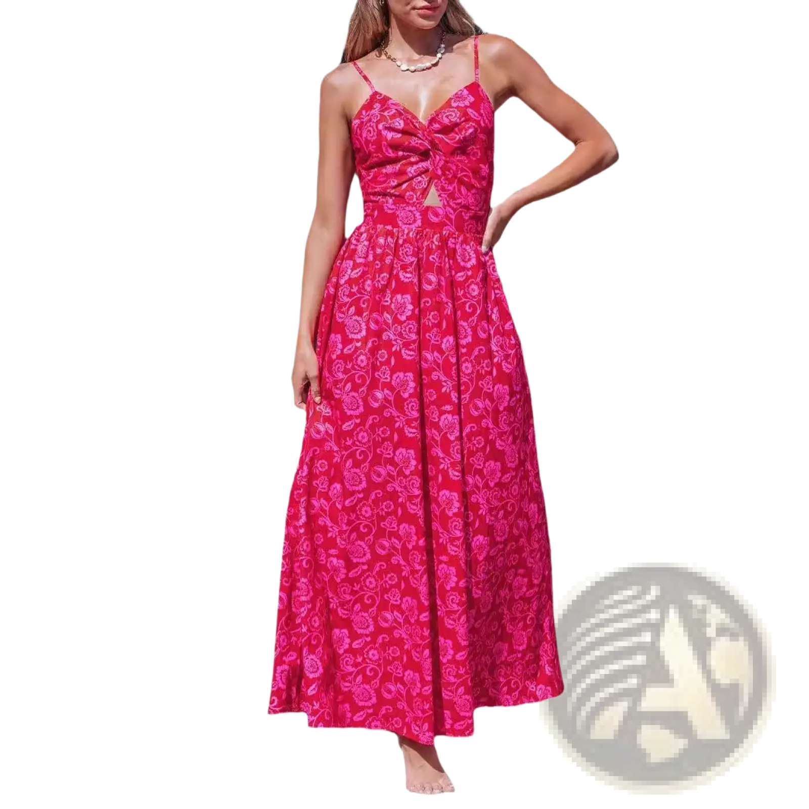 A vibrant fuchsia floral knotted v neck maxi dress with thin spaghetti straps and lightweight fabric for summer wear