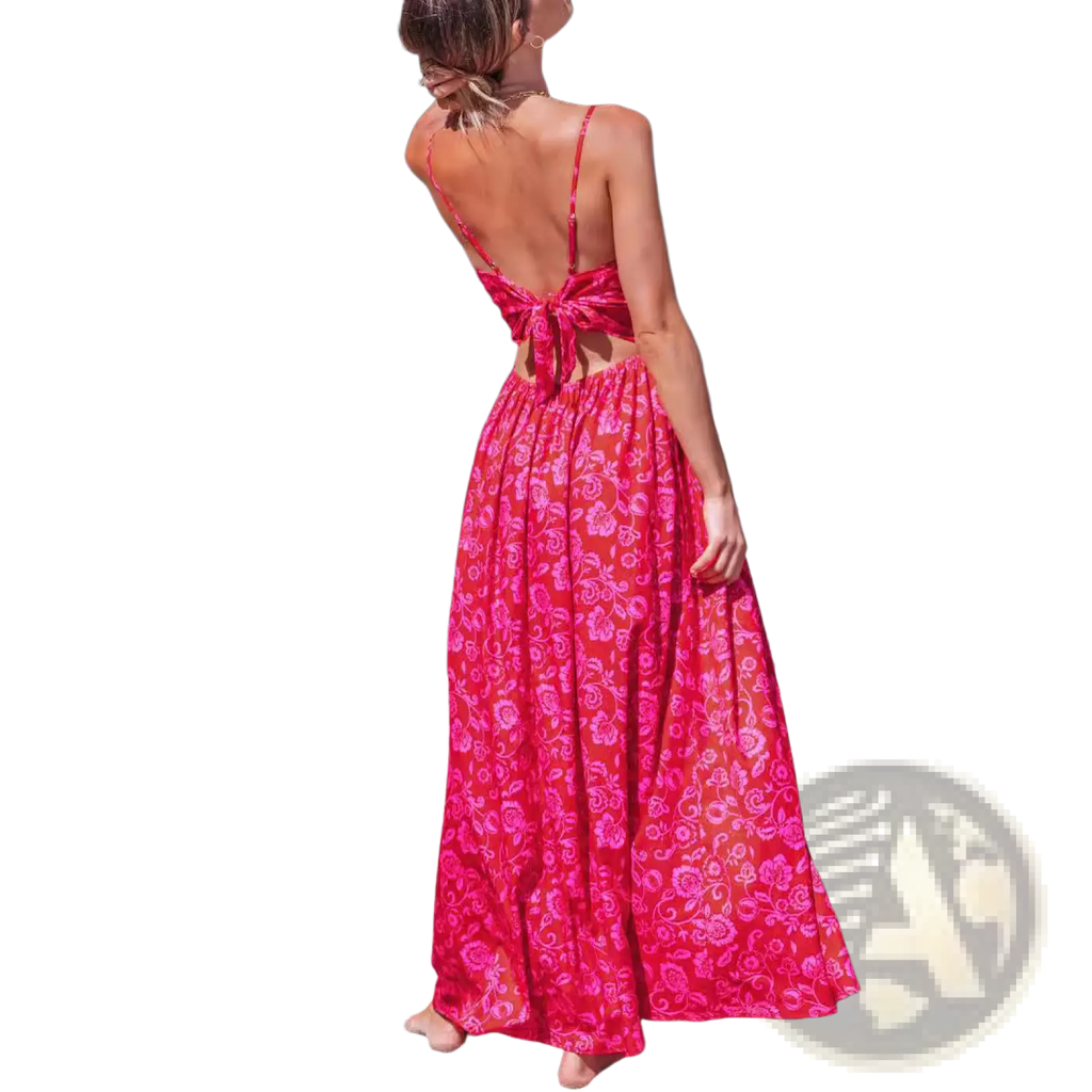A vibrant red floral knotted v neck spaghetti strap maxi dress with thin straps and a back tie detail