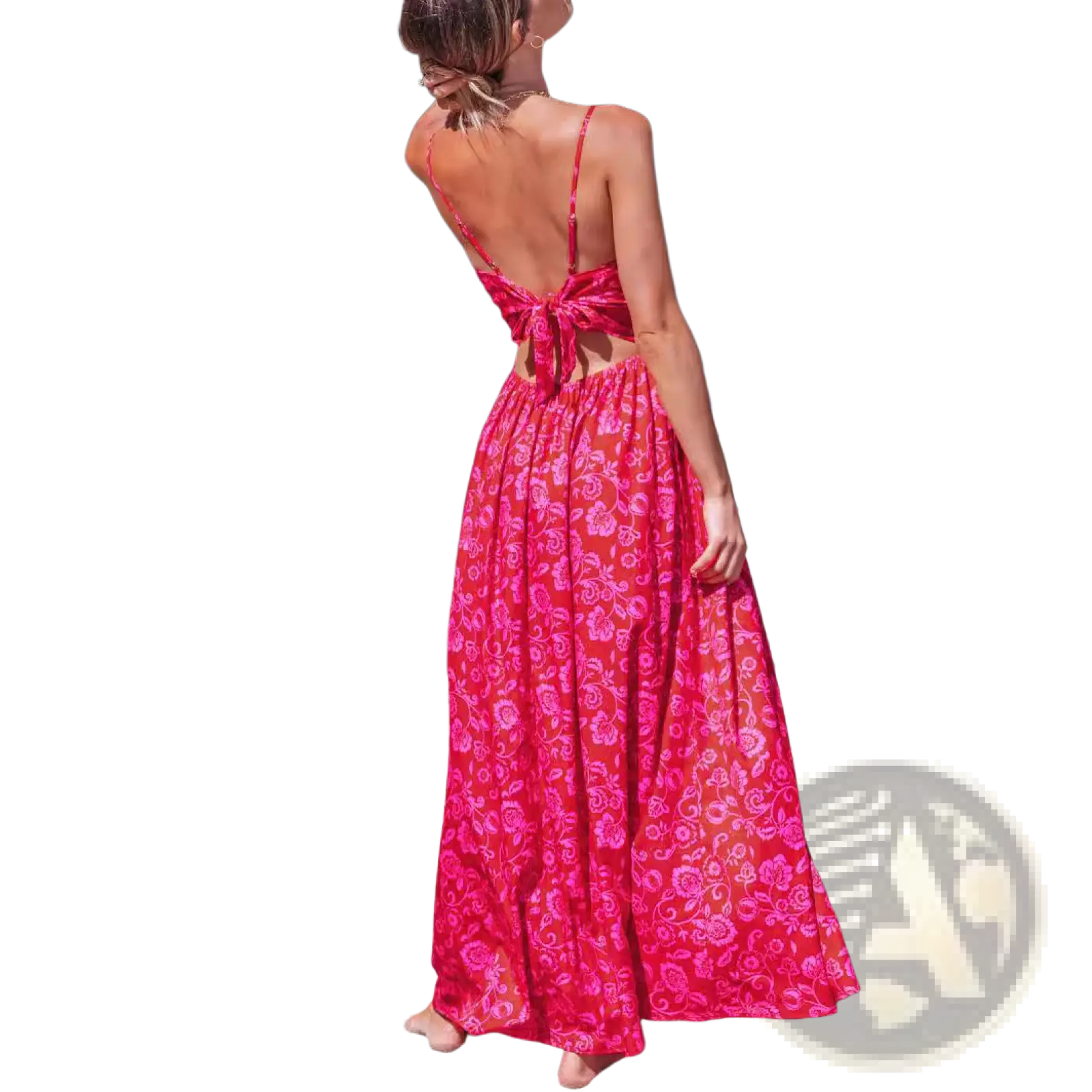 A vibrant red floral knotted v neck spaghetti strap maxi dress with thin straps and a back tie detail