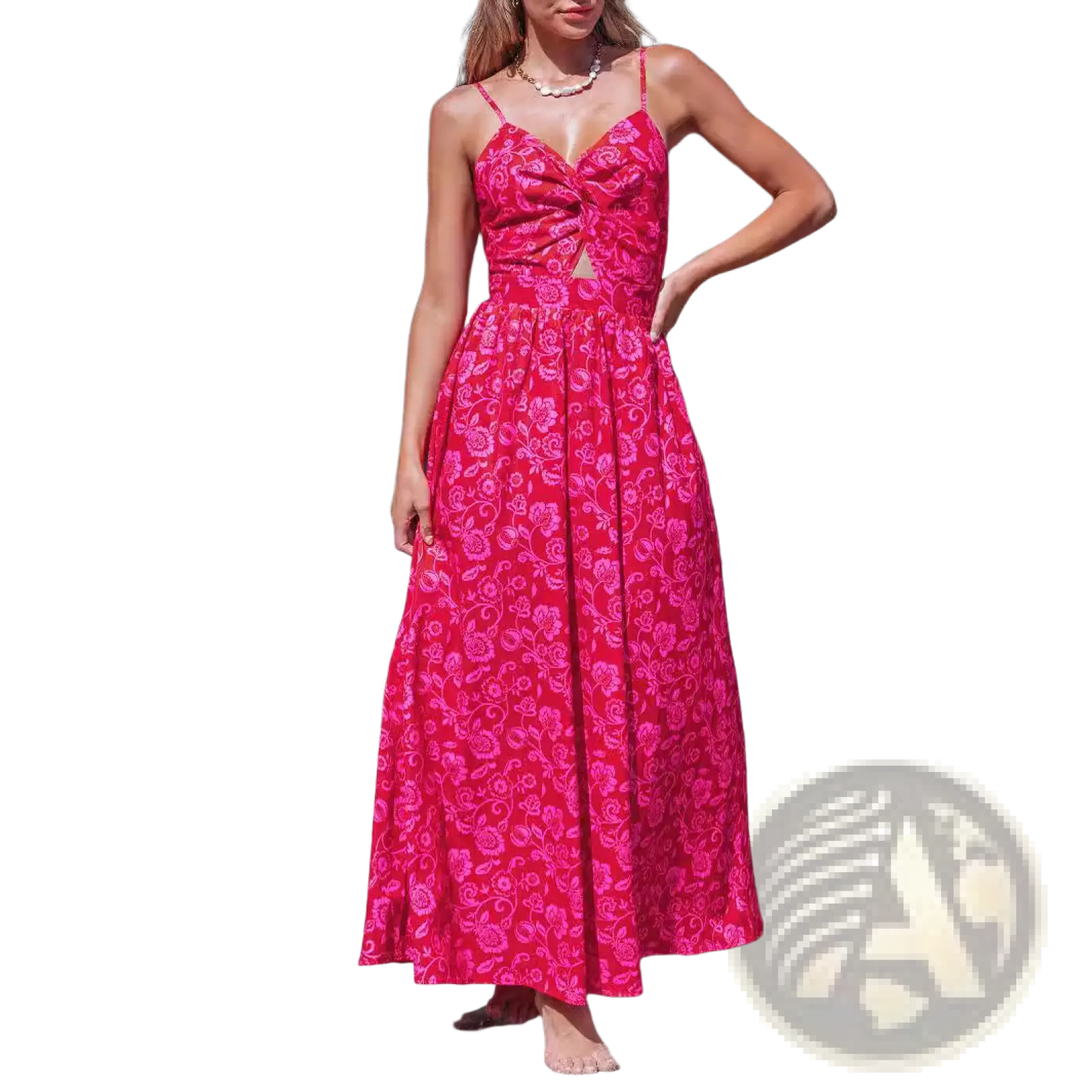 A vibrant fuchsia floral knotted v neck spaghetti strap maxi dress with thin straps and a flowing silhouette