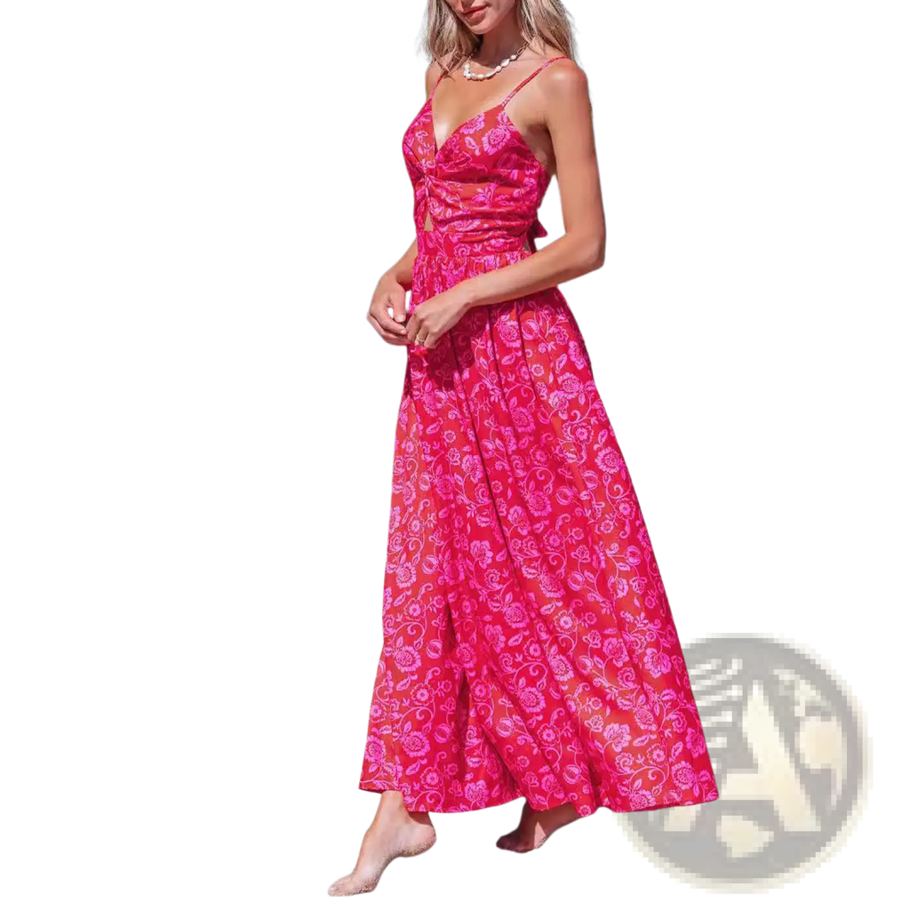 A vibrant pink floral knotted v neck spaghetti strap maxi dress with a fitted bodice and flowing skirt