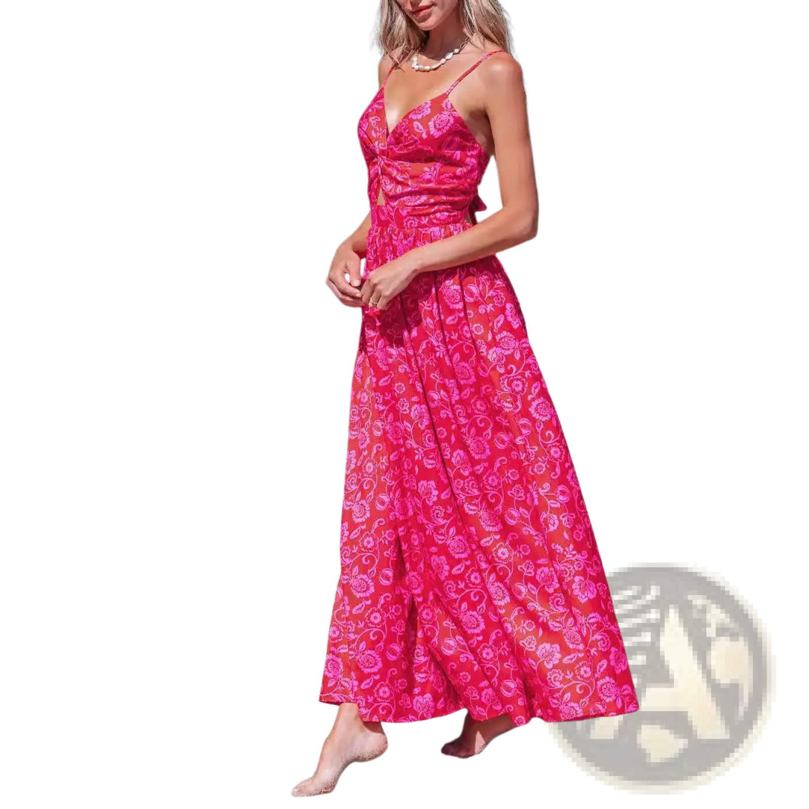 A vibrant pink floral knotted v neck spaghetti strap maxi dress with a fitted bodice and flowing skirt