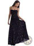 Elegant black lace floral lace backless maxi party dress with delicate patterns and thin spaghetti straps shown from back side