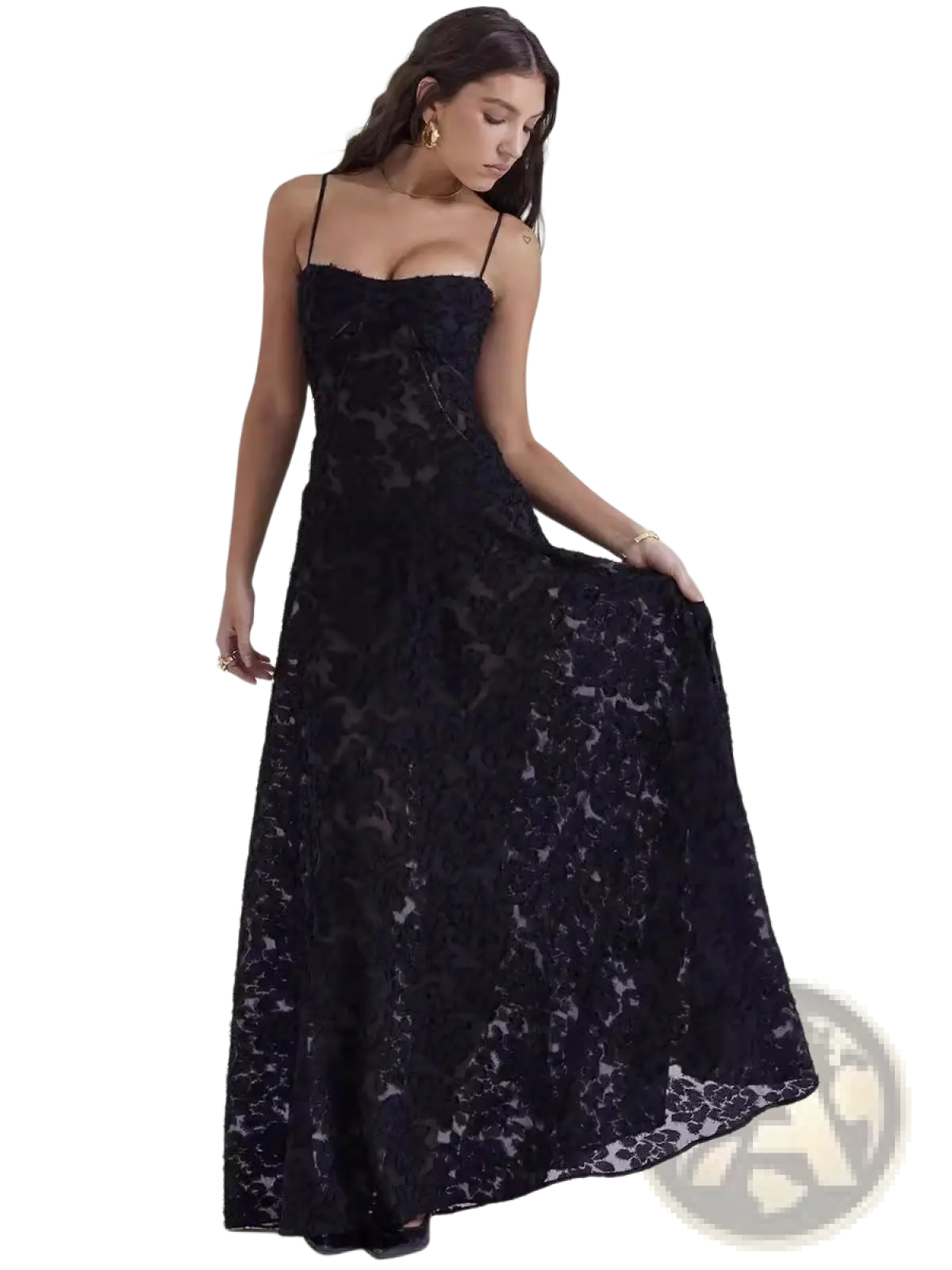 Elegant black lace floral lace backless maxi party dress with delicate patterns and thin spaghetti straps shown from back side