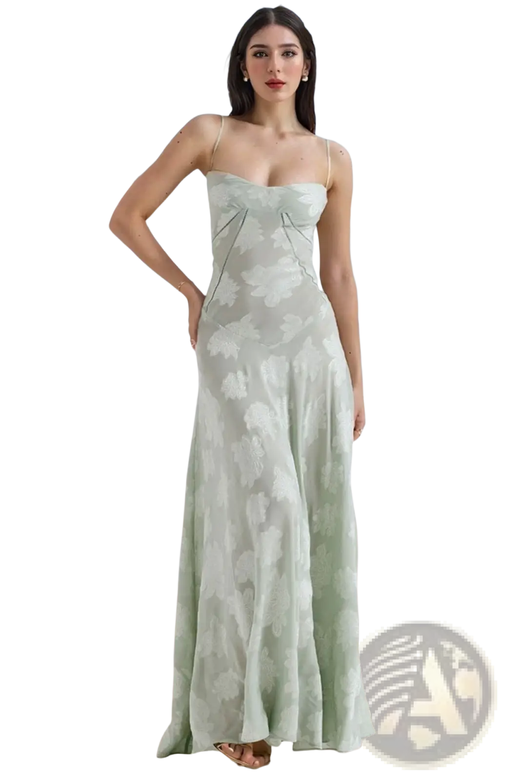 Floral lace backless maxi party dress in flowing mint green satin with delicate white floral pattern and thin straps