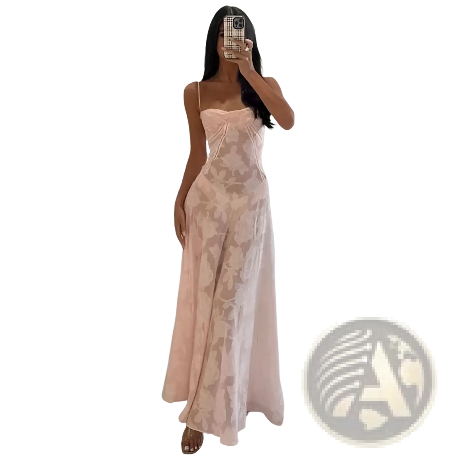 A flowing pale pink floral lace backless maxi party dress with a fitted bodice and delicate pattern