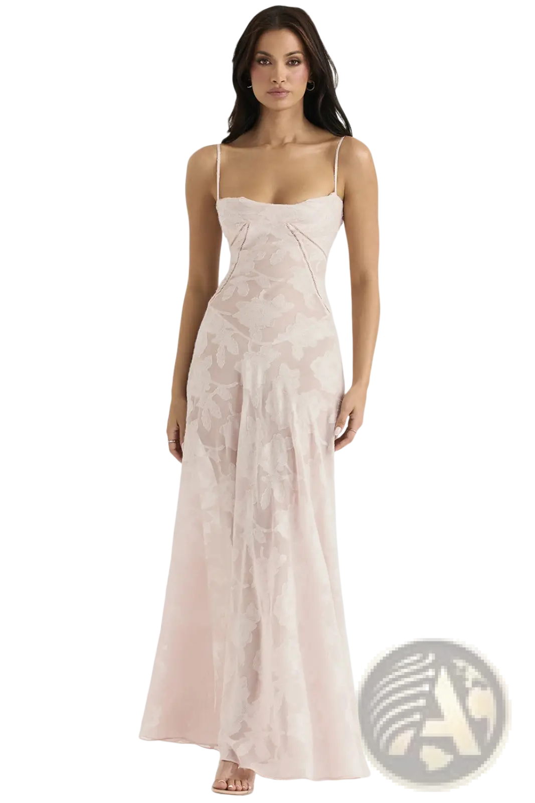A flowing blush pink satin floral lace backless maxi party dress with delicate embroidery and thin spaghetti straps