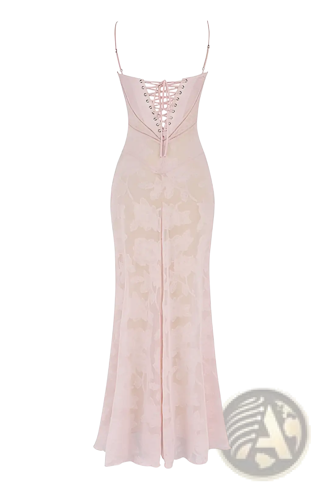 Floral lace backless maxi party dress showing back side of a delicate blush pink satin gown with fitted corset and floral embroidery