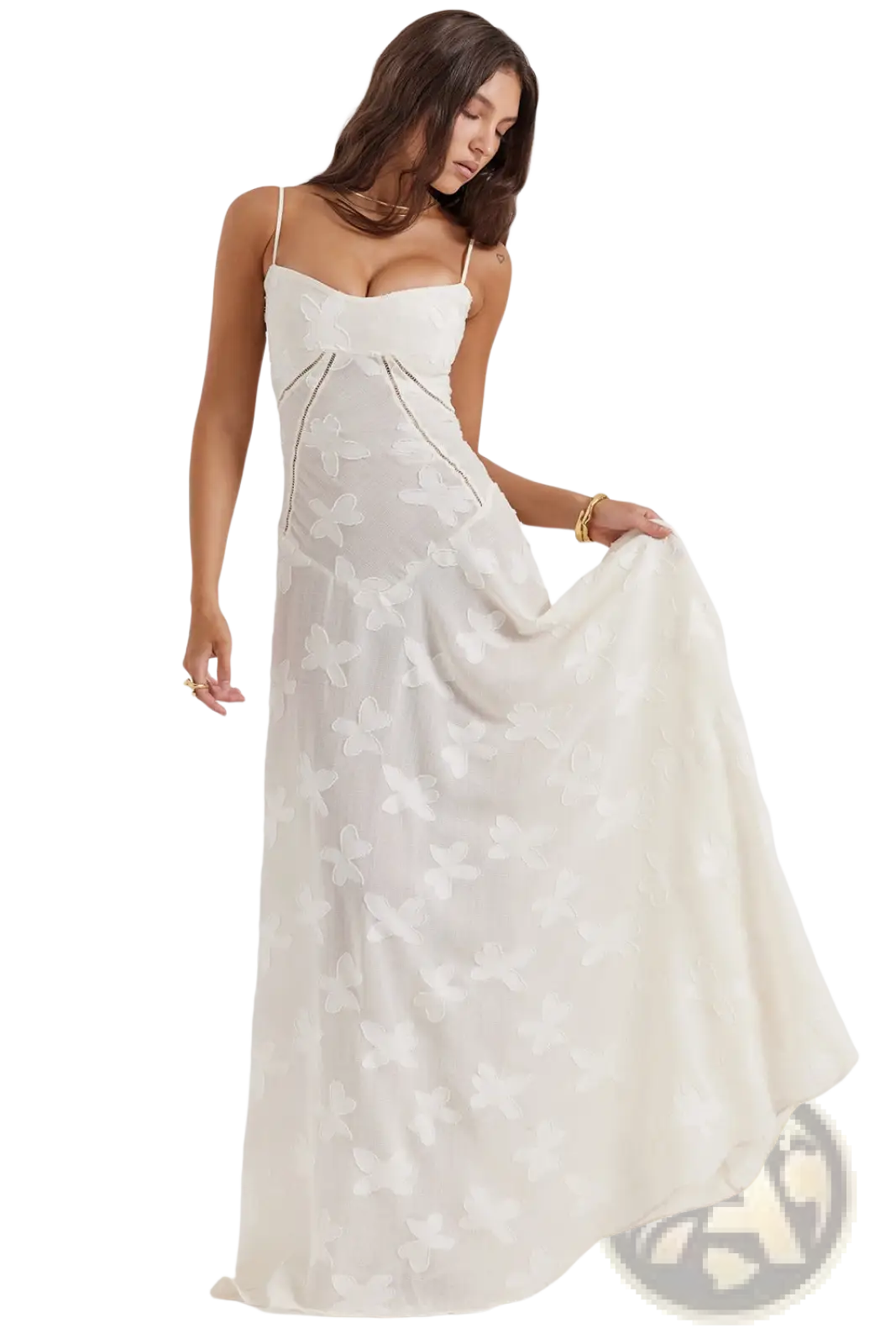A flowing ivory satin floral lace backless maxi party dress with delicate butterfly appliqués and thin straps