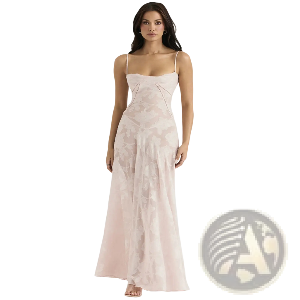 A flowing blush pink satin floral lace backless maxi party dress with delicate embroidery and thin spaghetti straps