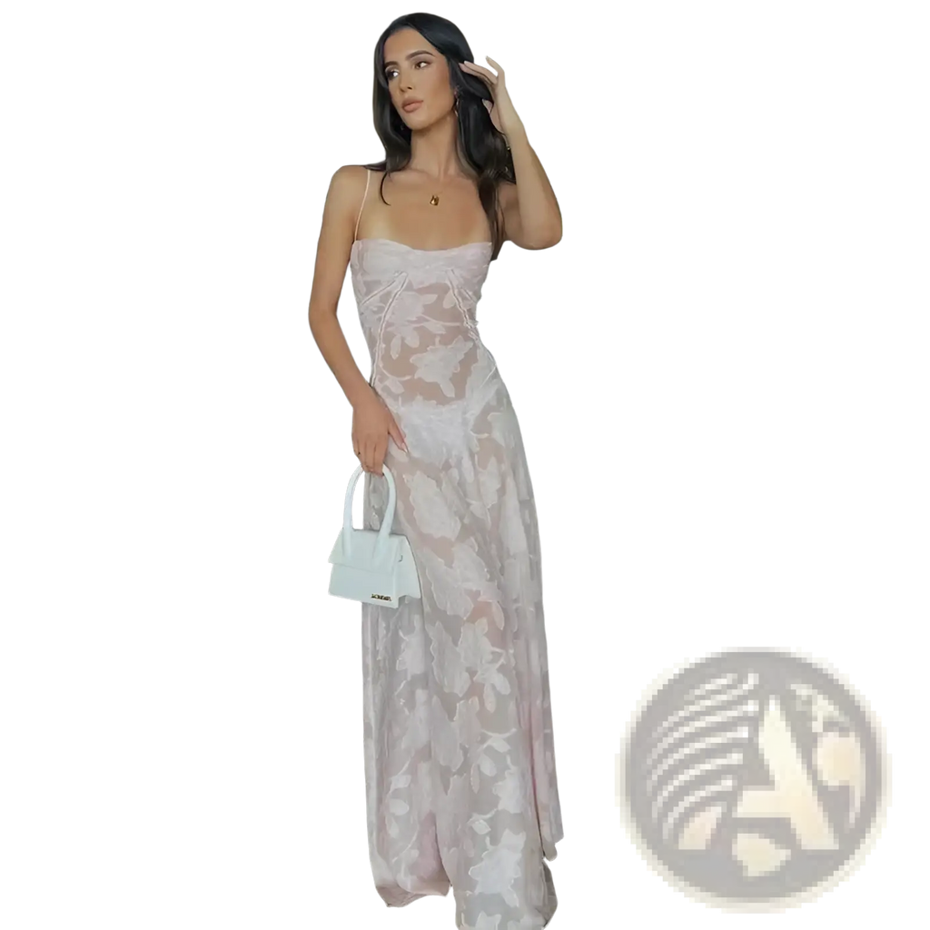 A delicate blush pink floral lace backless maxi party dress with a fitted bodice and flowing skirt