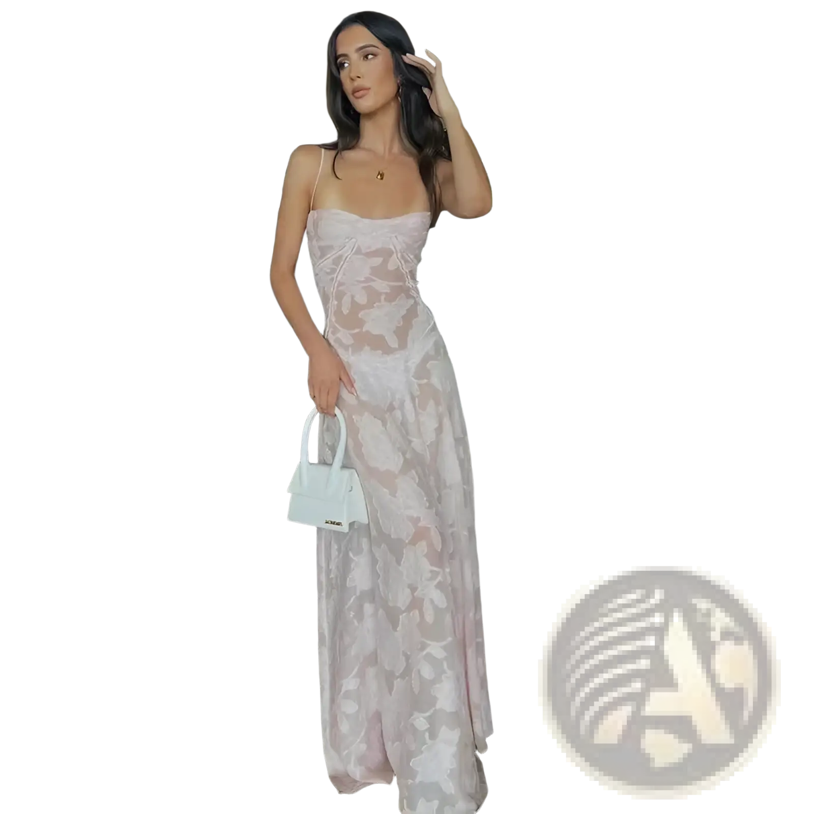 A delicate blush pink floral lace backless maxi party dress with a fitted bodice and flowing skirt
