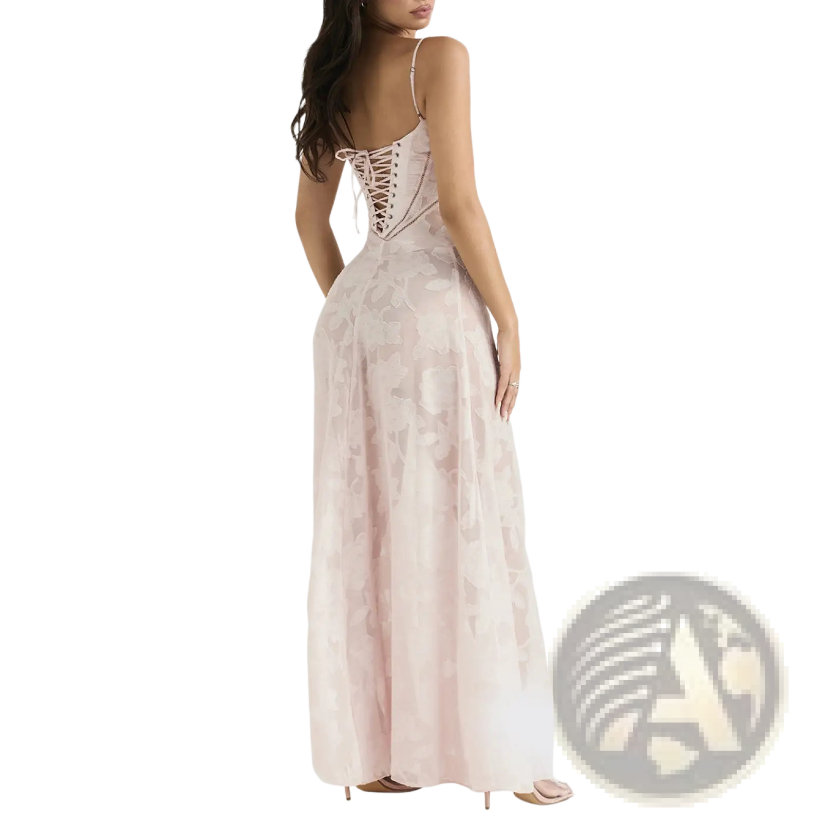 A delicate blush pink floral lace backless maxi party dress with corset-style back and thin spaghetti straps shown from back