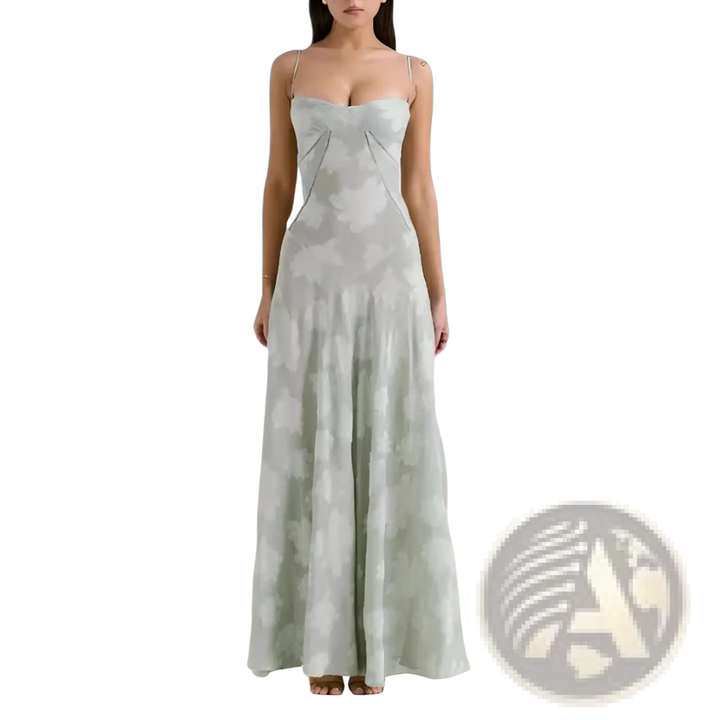 Floral lace backless maxi party dress with flowing light gray and white cloud-patterned fabric and thin spaghetti straps