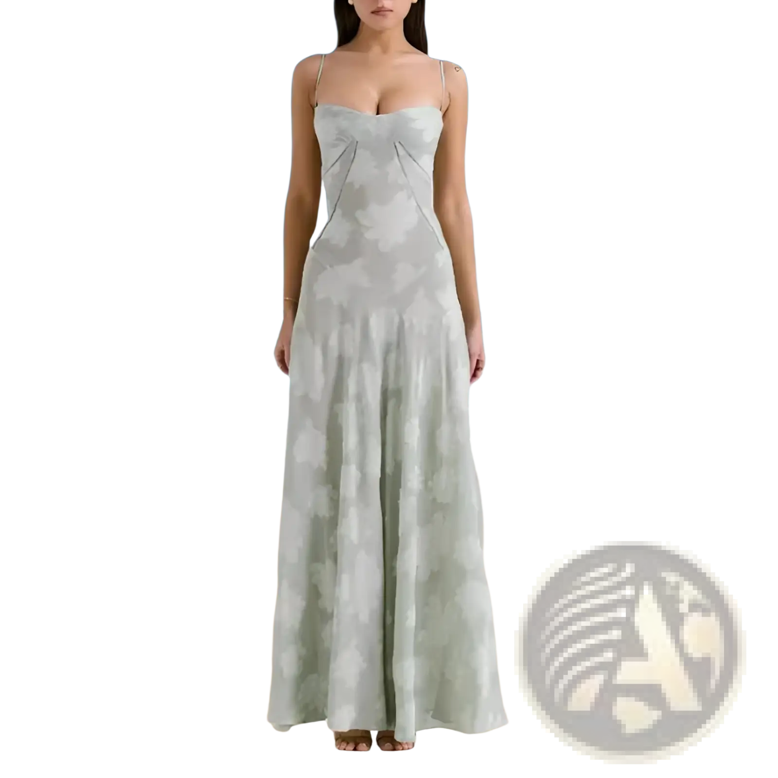 Floral lace backless maxi party dress with flowing light gray and white cloud-patterned fabric and thin spaghetti straps