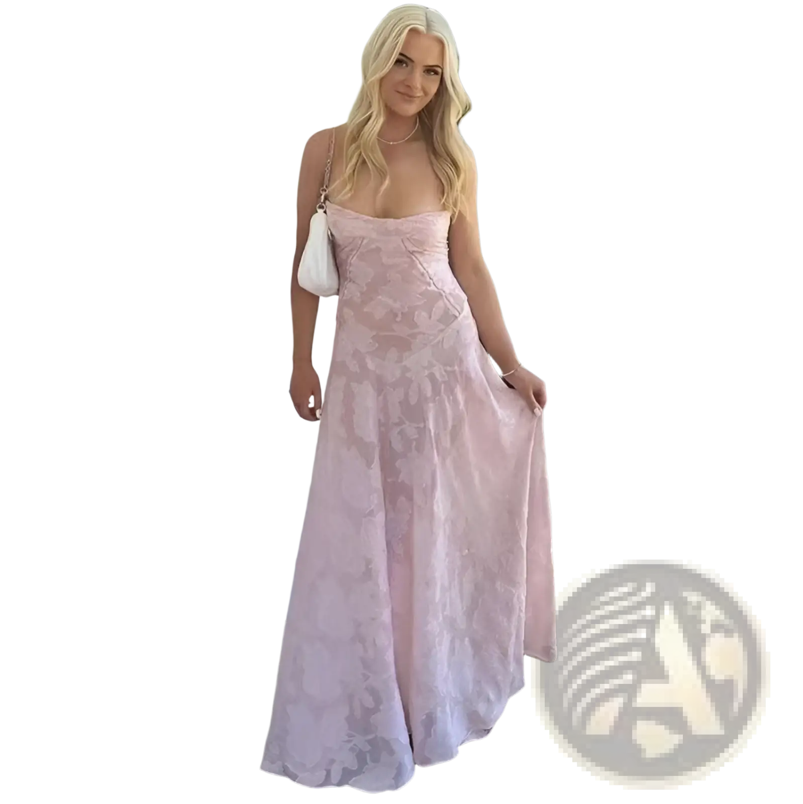 A flowing pale pink floral lace backless maxi party dress with delicate pattern and thin spaghetti straps