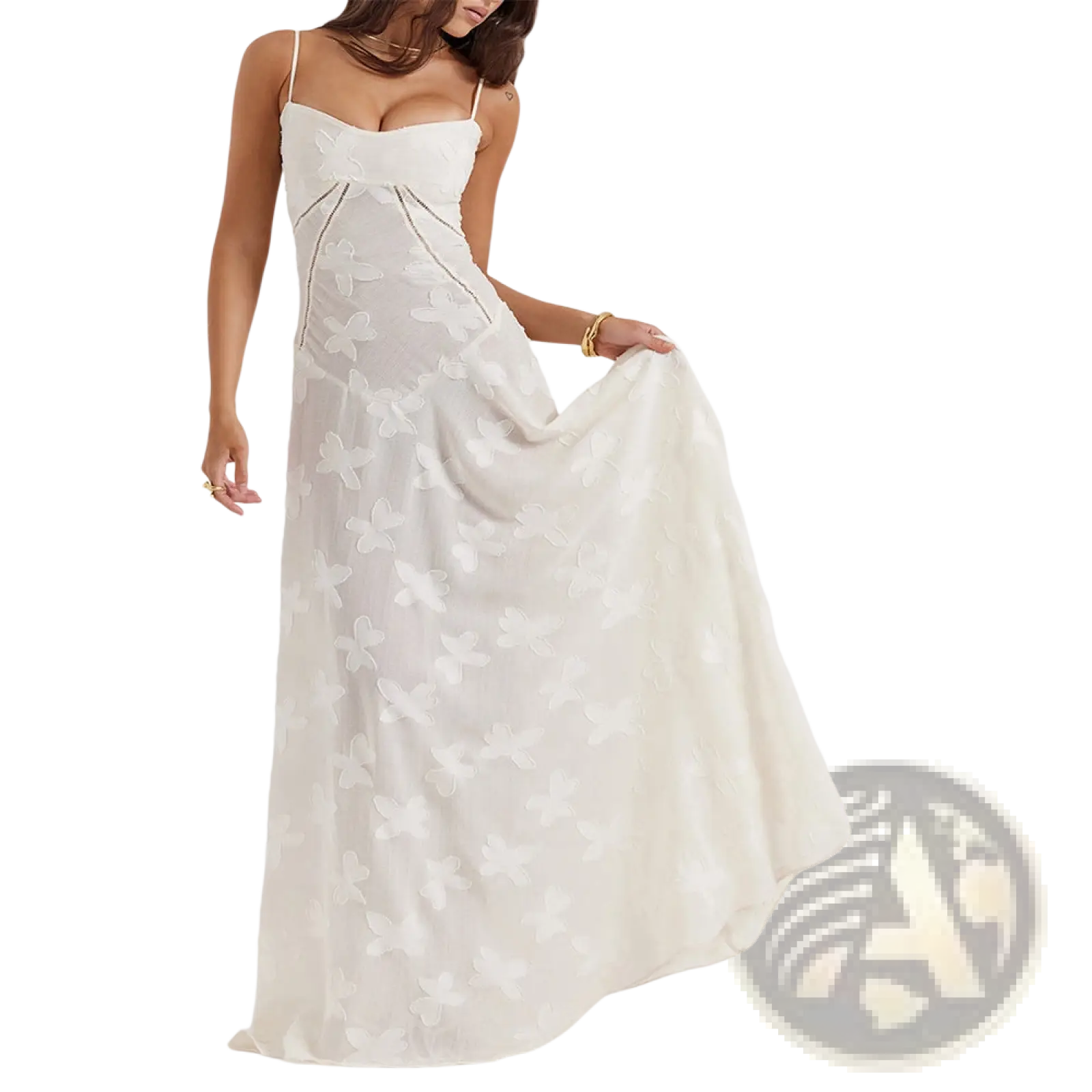 White flowing spaghetti strap maxi party dress with delicate butterfly appliqués and subtle beading on the bodice
