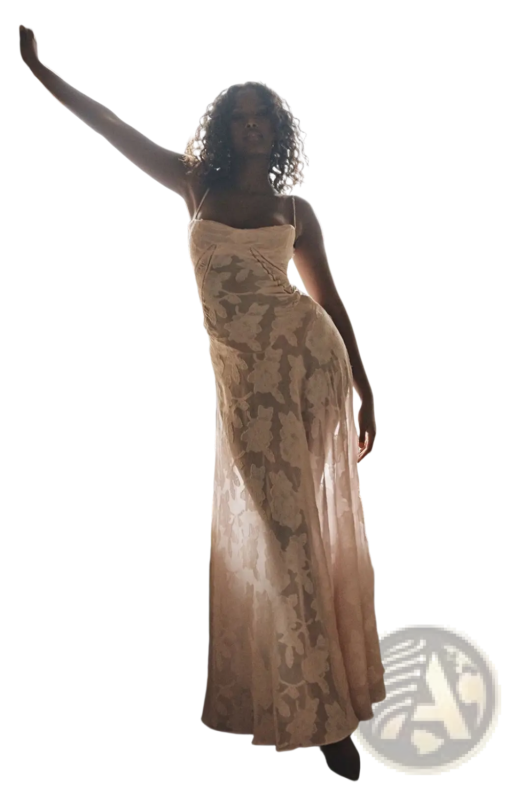 A flowing off-white floral lace backless maxi party dress with thin spaghetti straps and delicate patterns