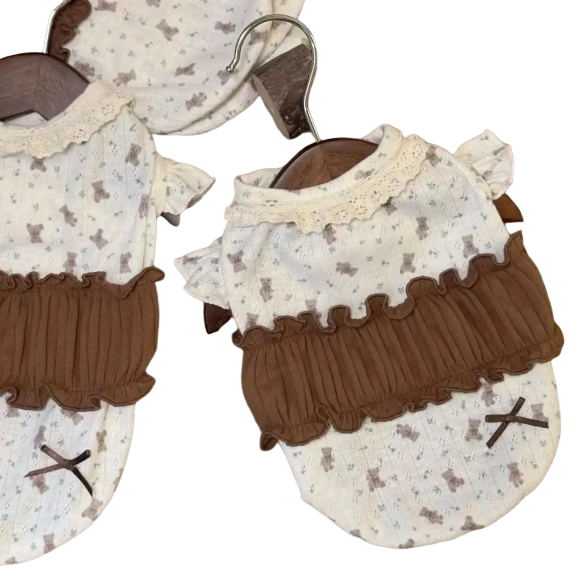 Floral lace dog dress with cute white and brown teddy bear print lace collar ruffled sleeves pleated skirt embroidered x eyes
