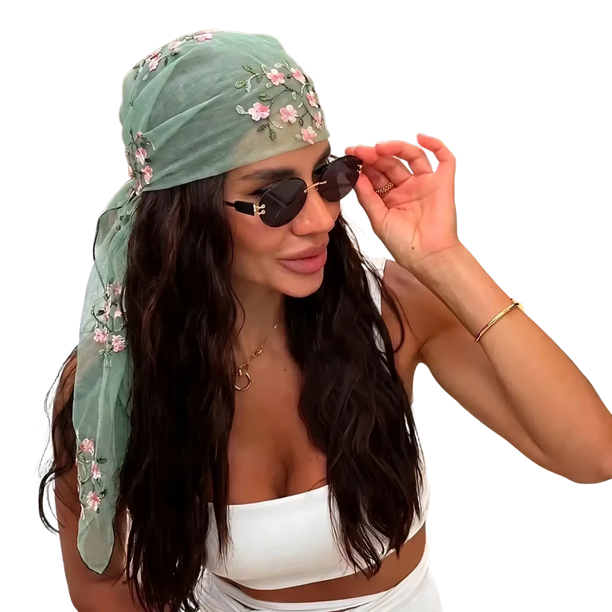 Floral lace hijab wrap shawl featuring a delicate mint green headscarf with pink floral embroidery