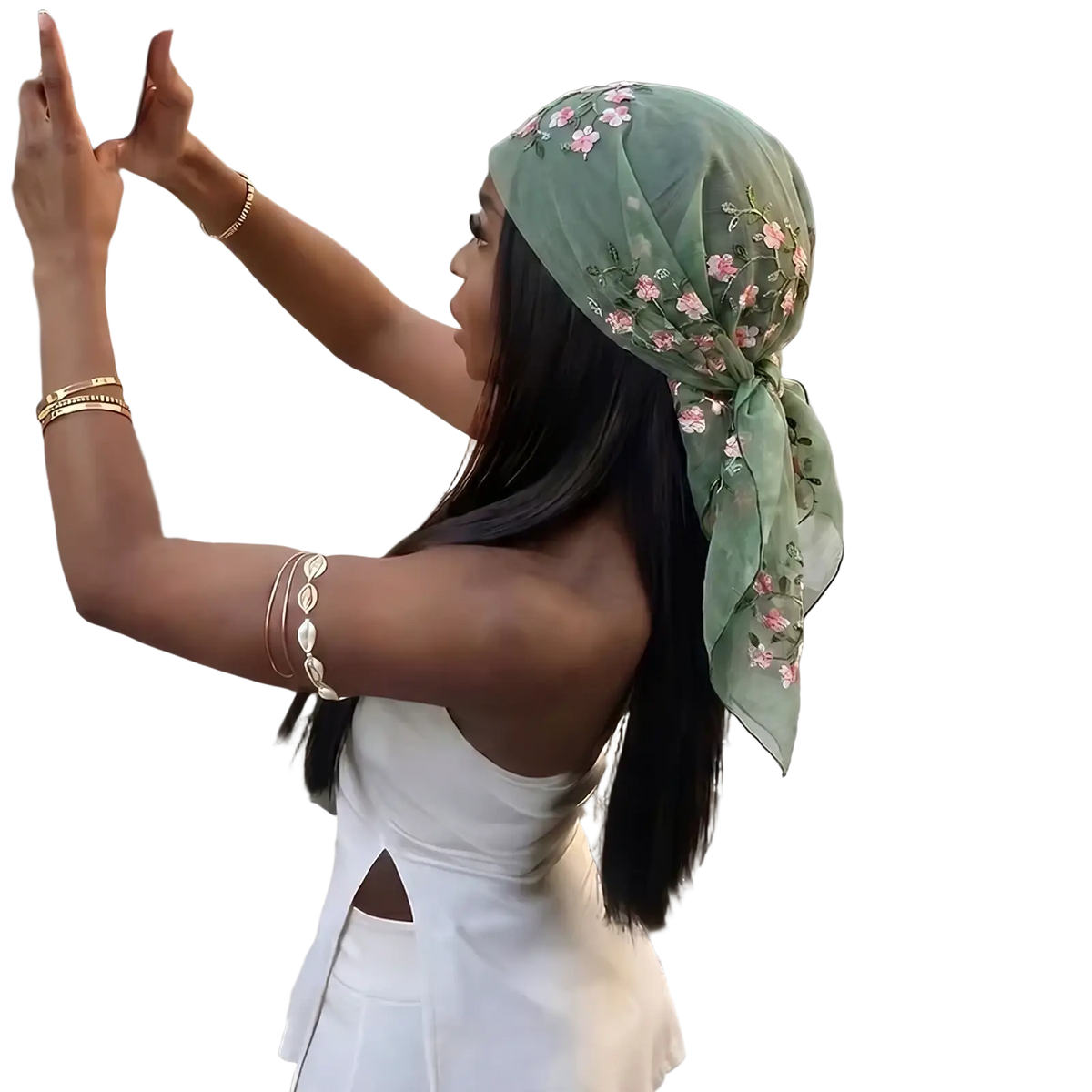 A delicate mint green sheer floral lace hijab wrap shawl with pink floral embroidery for elegant wear